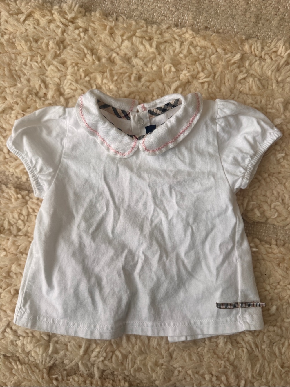 Burberry White Baby Blouse with Pink Trim and Signature Check Detail